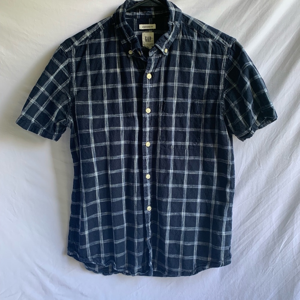 Gap Short Sleeve Button Down Navy Blue Check Shirt
